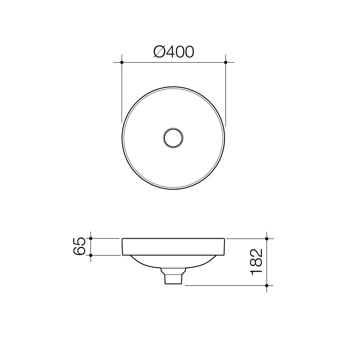 Liano II 400mm Round Inset Basin – Matte White specification drawing