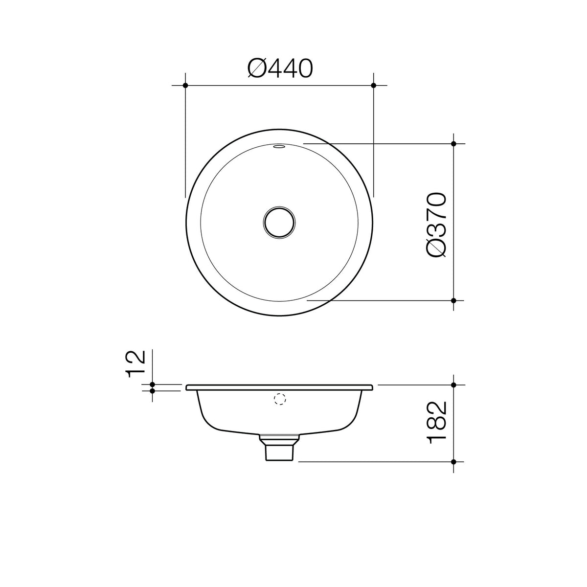 Liano II 440mm Round Under/Over Counter Basin - Matte White (with Overflow) specification drawing