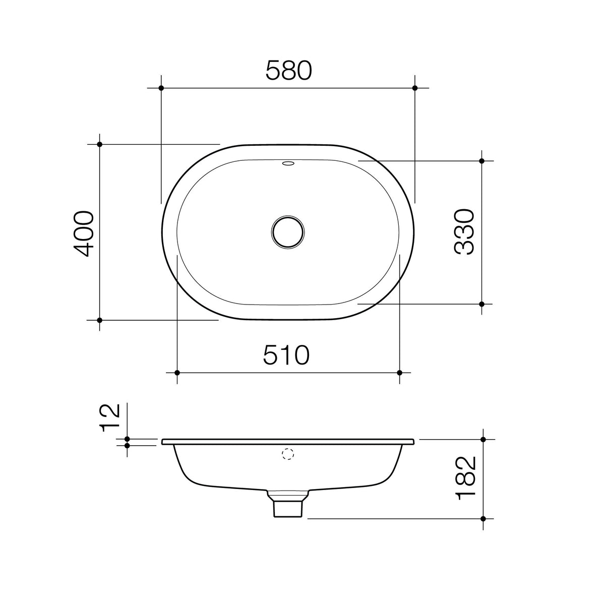 Liano II 580mm Pill Under/Over Counter Basin – Matte Black (with Overflow) specification drawing