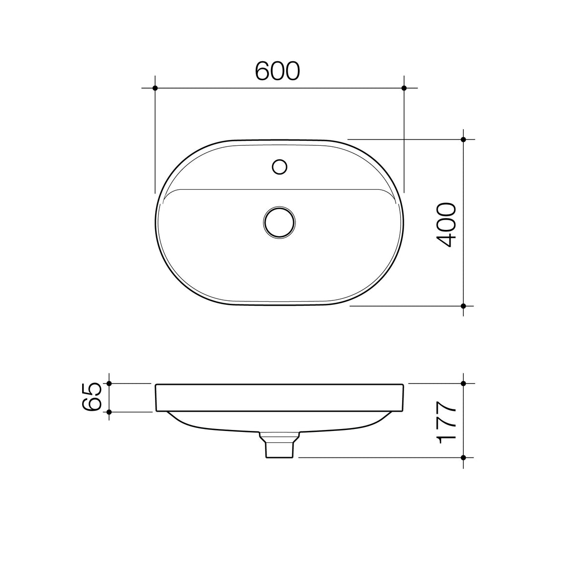 Liano II 600mm Pill Inset Basin with Tap Landing (1 Tap Hole) – Matte Green specification drawing