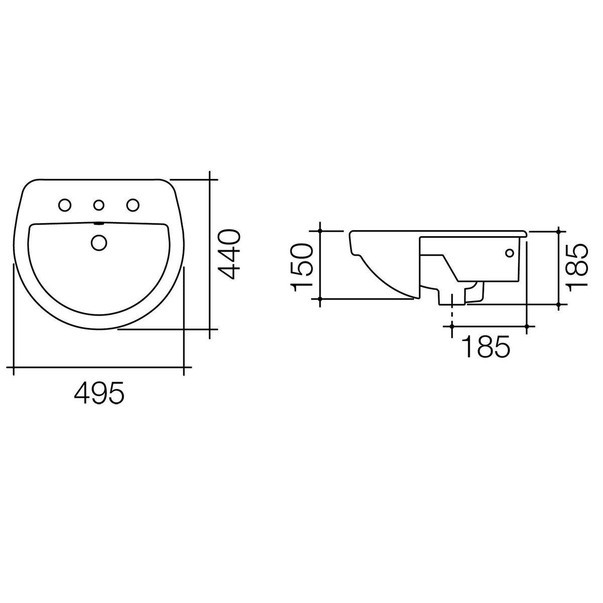 Cosmo Semi Recessed Basin 1TH specification drawing