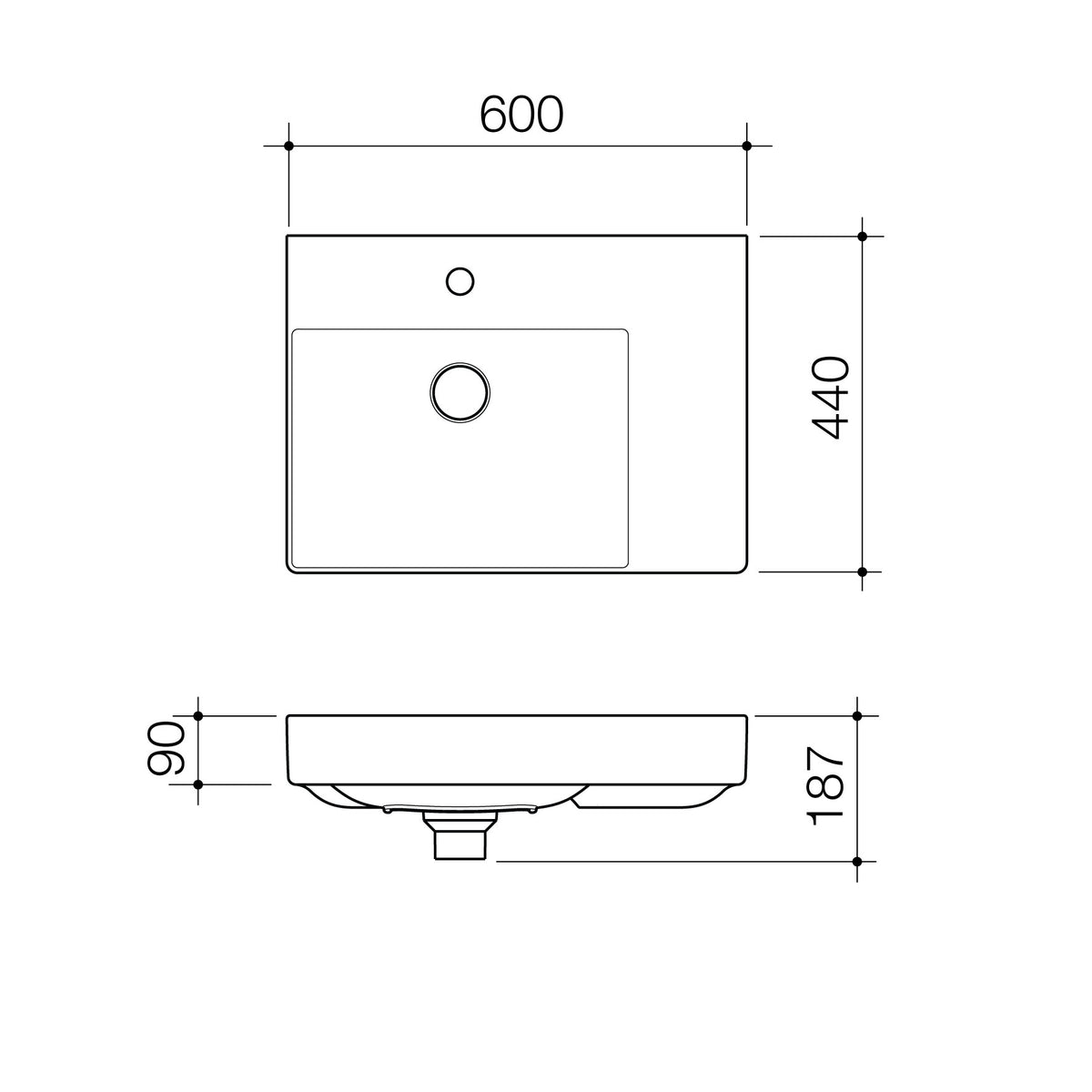 Caroma Urbane® II Right Hand Shelf Wall Basin (1 Tap Hole) specification drawing