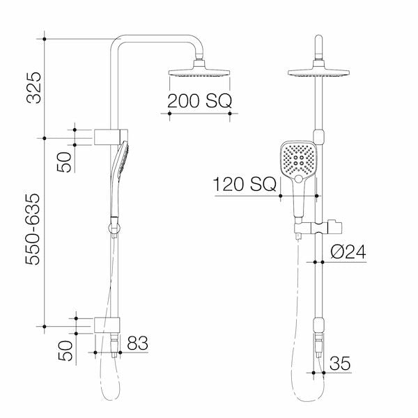Caroma Luna Multifunction Rail Shower with Overhead technical drawing