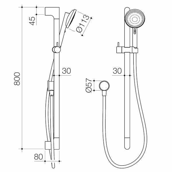 Caroma Urbane® II Universal Rail Shower - Gunmetal specification drawing