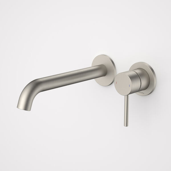 Caroma Liano II 210mm Wall Basin / Bath Mixer  2 x Round Cover Plates Brushed Nickel - Sales Kit - LF