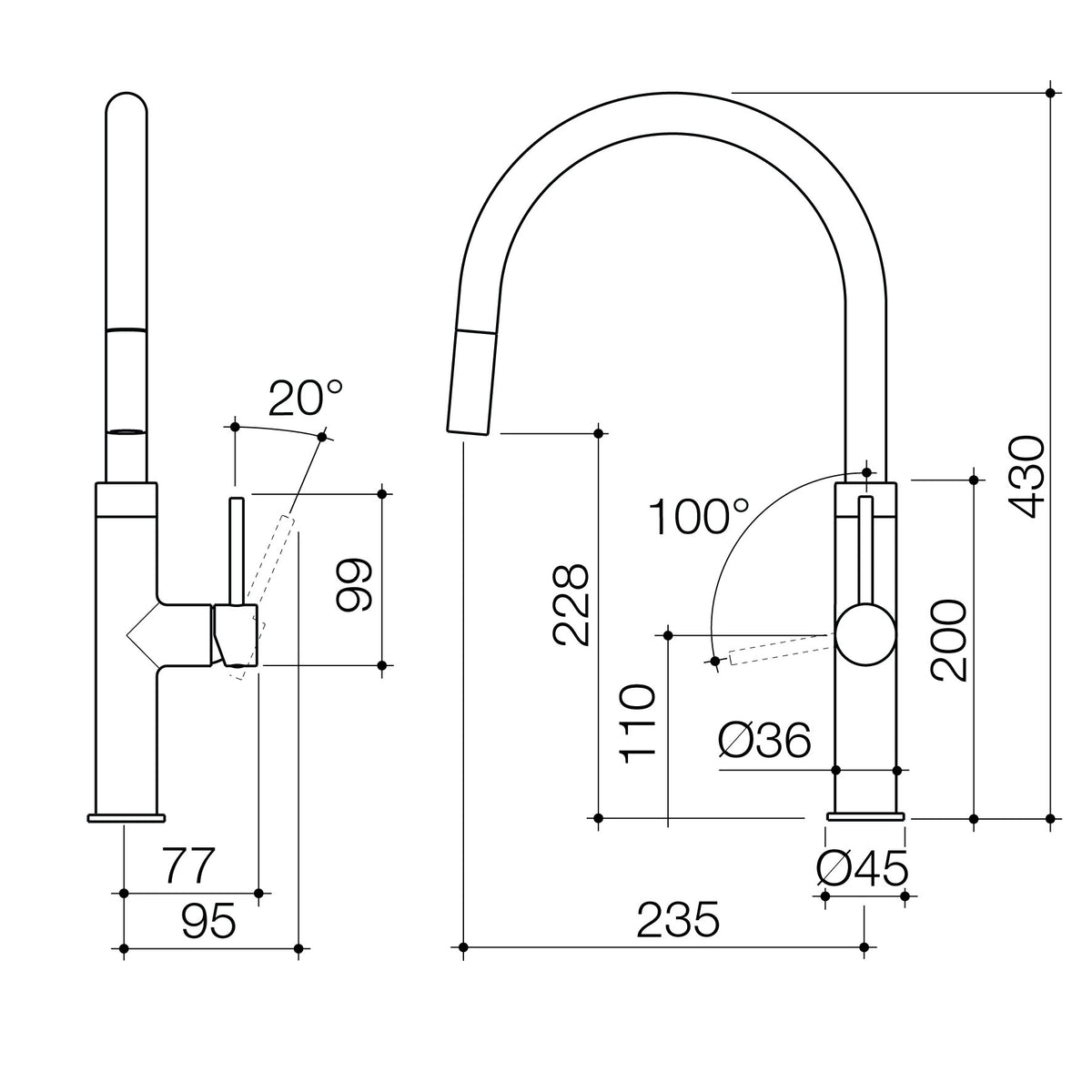 Liano II Pull Out Sink Mixer - Brushed Bronze - Lead Free specification drawing