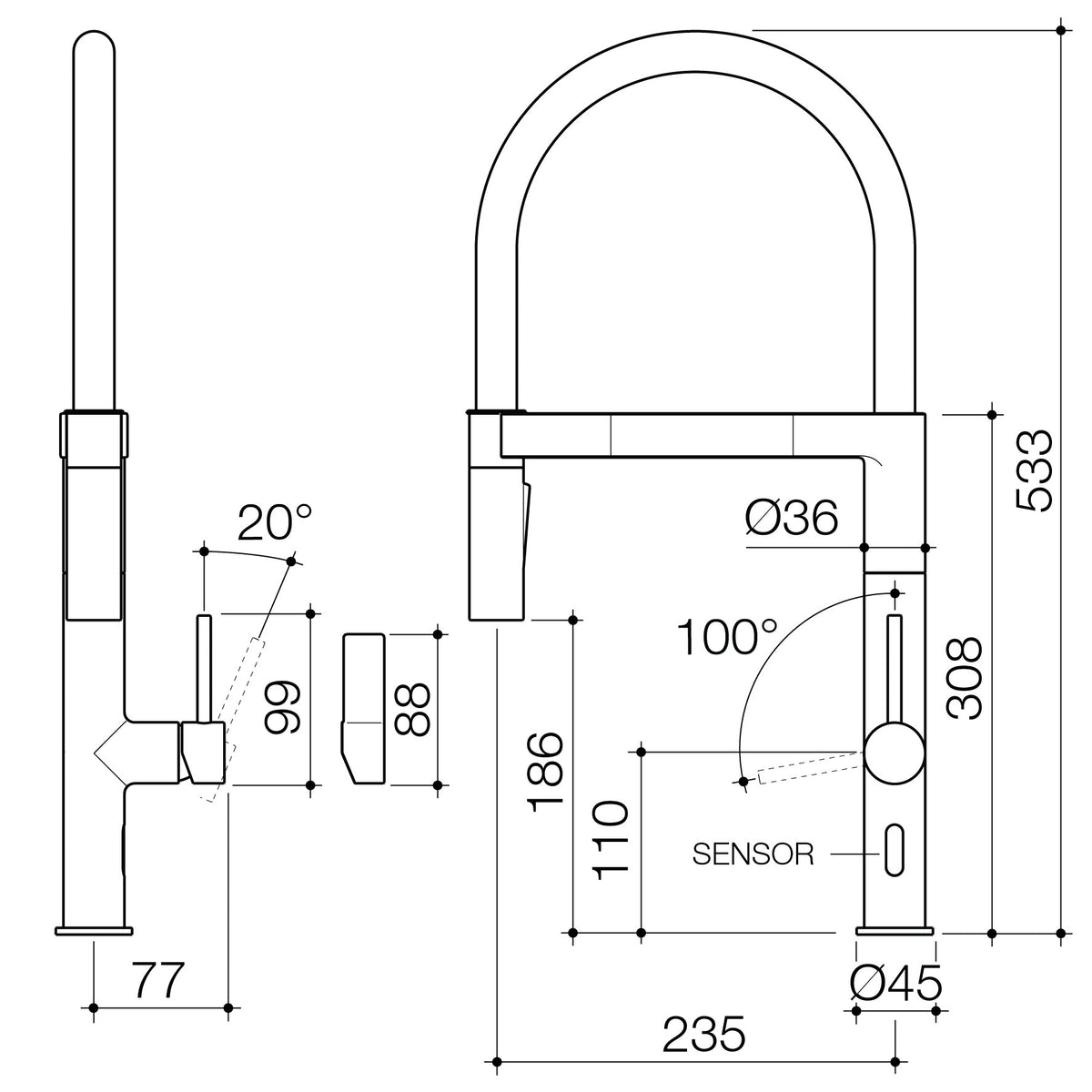 Liano II Pull Down Sensor Sink Mixer with Dual Spray - Chrome - Lead Free specification drawing