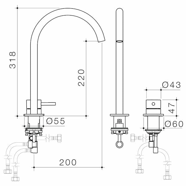 Caroma Liano II Hob Basin/Sink Mixer Set 200mm Chrome - Lead Free