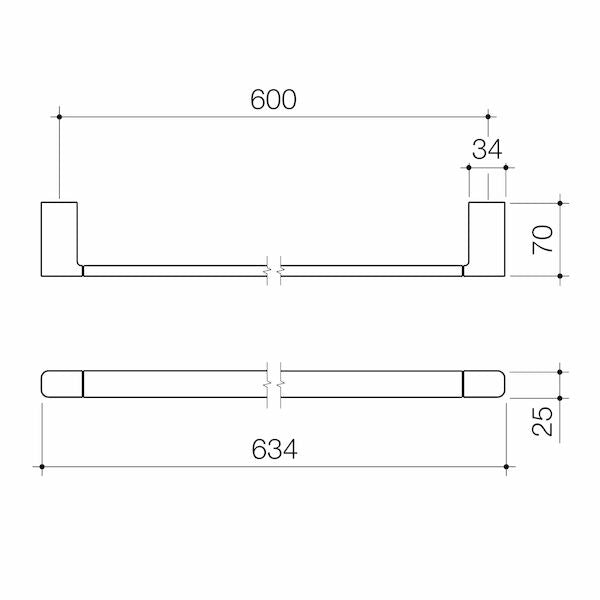 Caroma Luna Single Towel Rail 630mm technical drawing