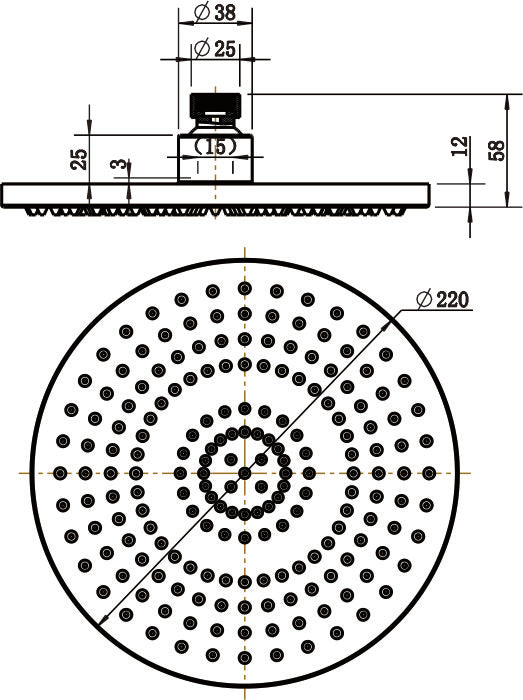 Round Shower Head 215mm line drawing