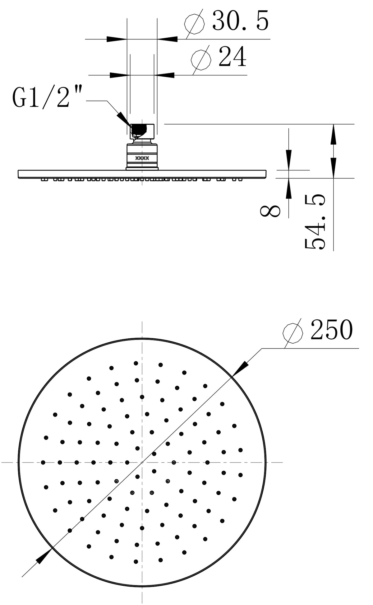 Brass Round Shower Head 250mm line drawing