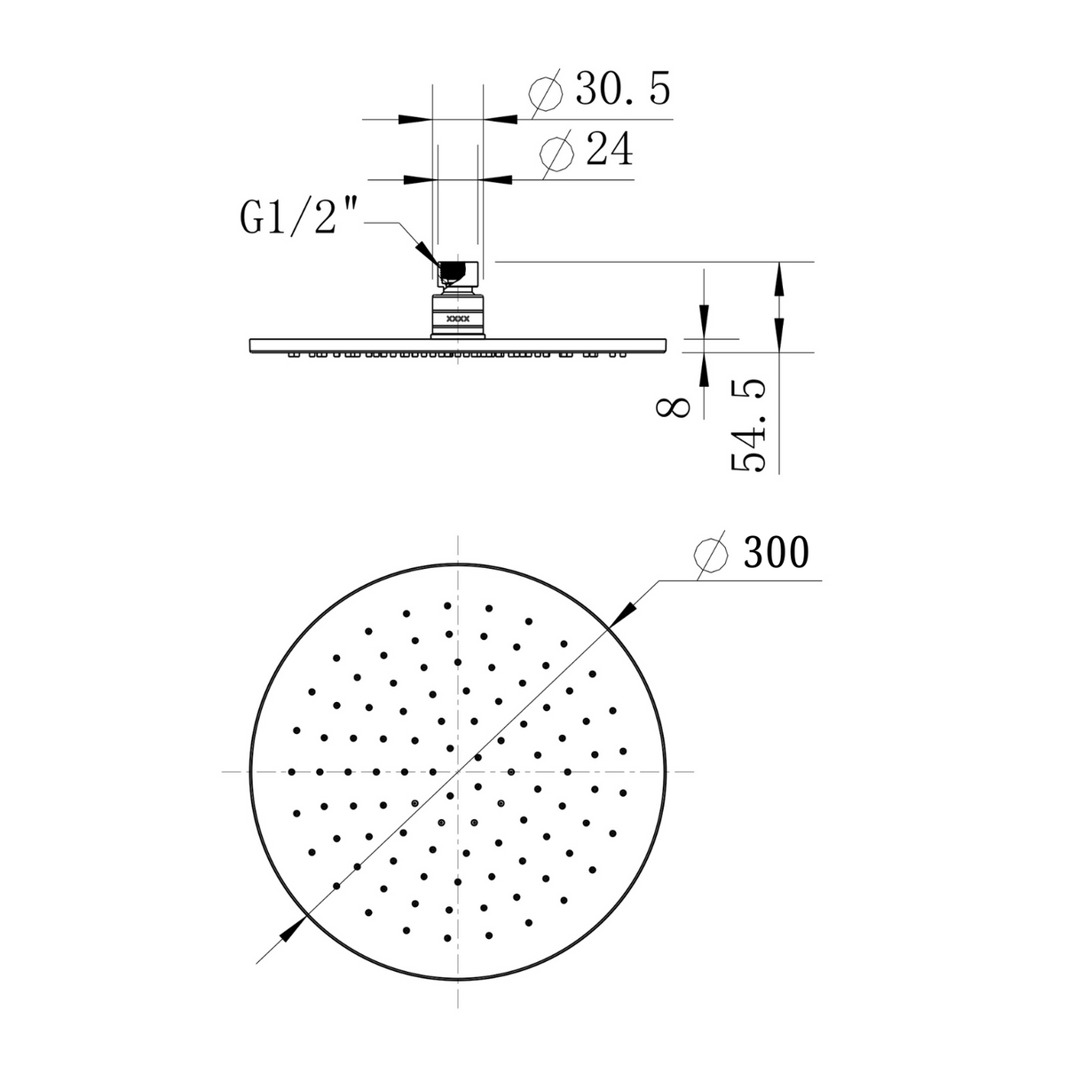 Brass Round Shower Head 300mm line drawing