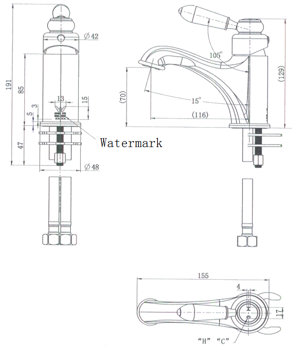 Bordeaux Basin Mixer - Line Drawing