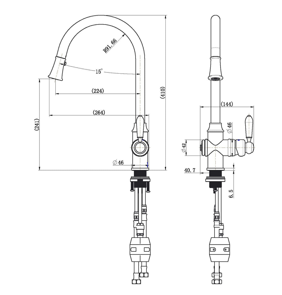 Bordeaux Pull-Out Kitchen Mixer - Line Drawing