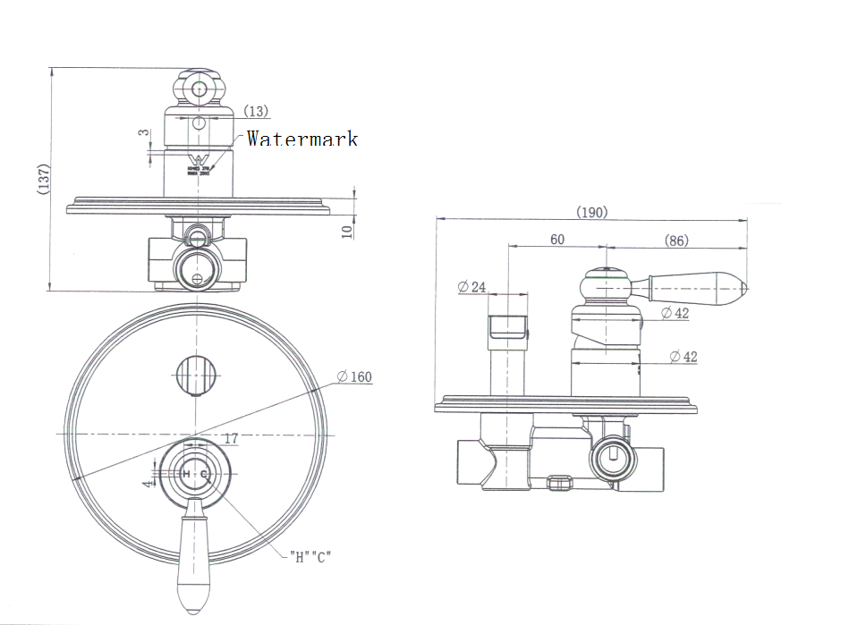 Bordeaux Shower Diverter Mixer - Line Drawing