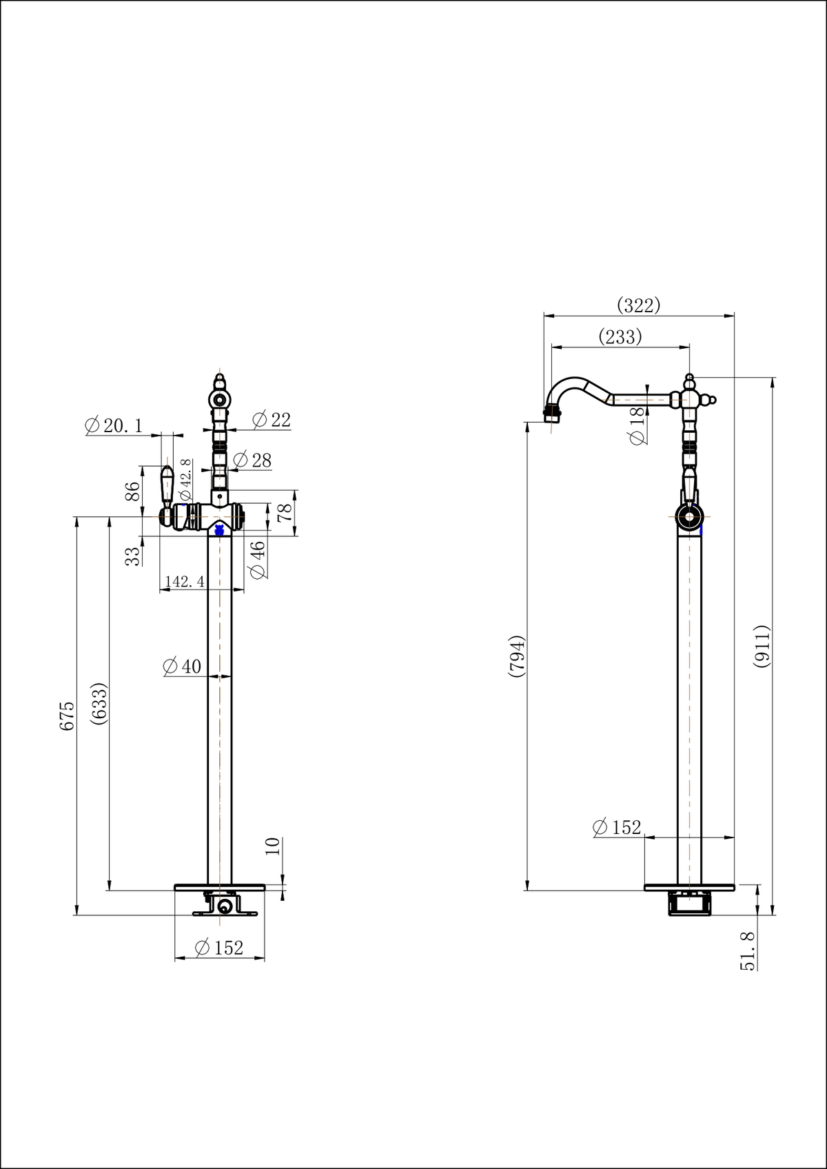 Bordeaux Freestanding Bath Mixer - Line Drawing