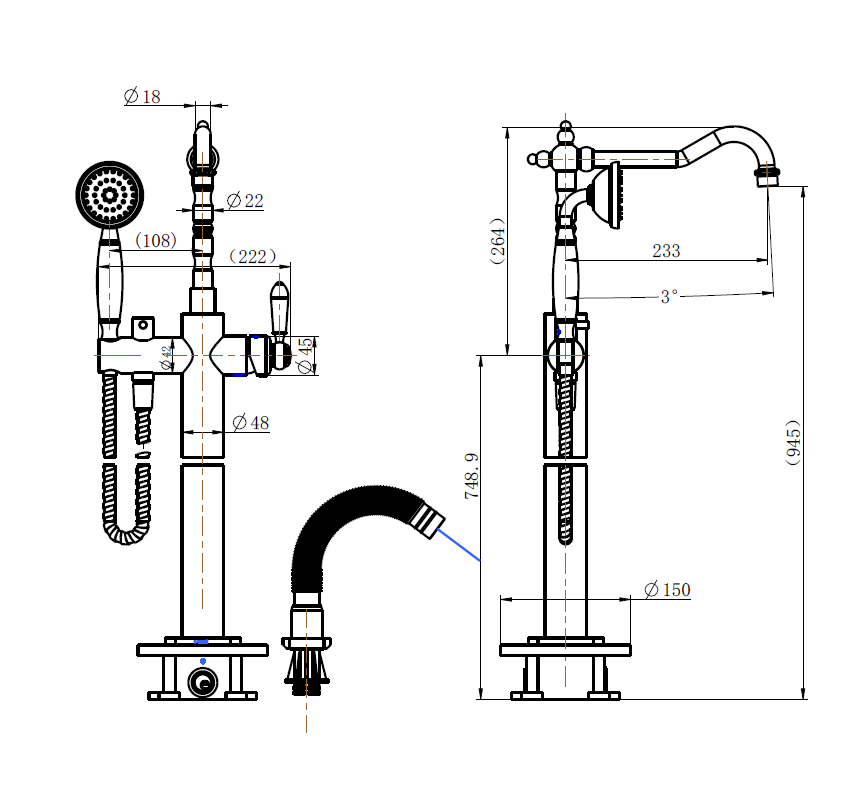 Bordeaux Freestanding Bath Mixer with Hand Shower - Line Drawing