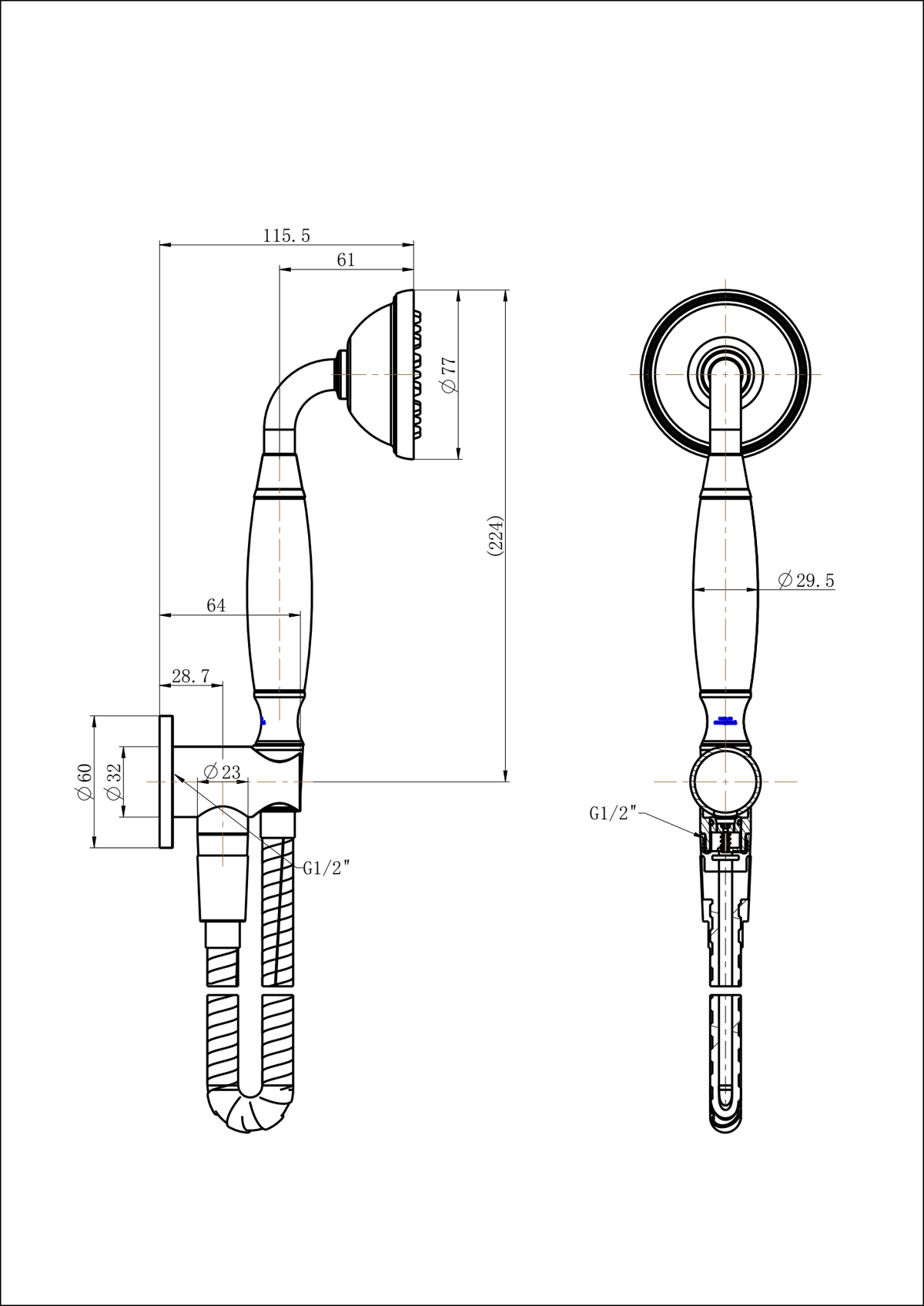 Bordeaux Hand Shower On Bracket - Line Drawing
