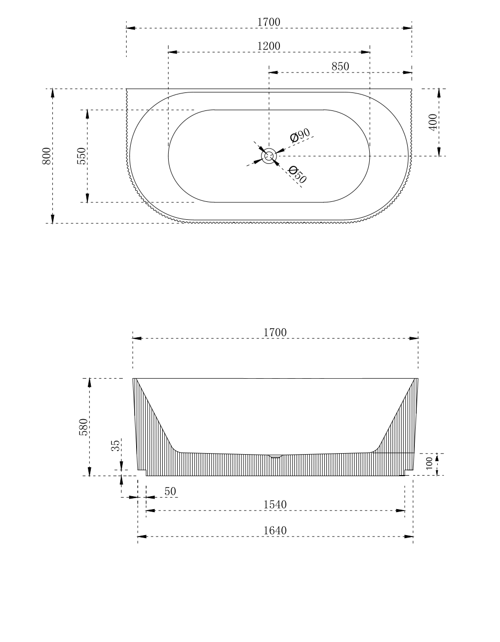 V-Groove Round Back To Wall Bath Matte White