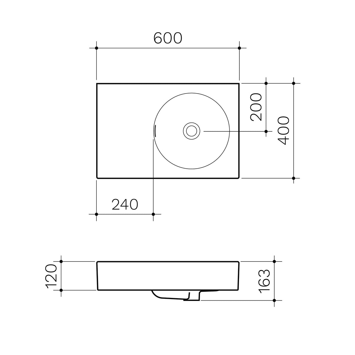 Round Wall Basin Left Hand Shelf 600mm (No Tap Hole) specification drawing