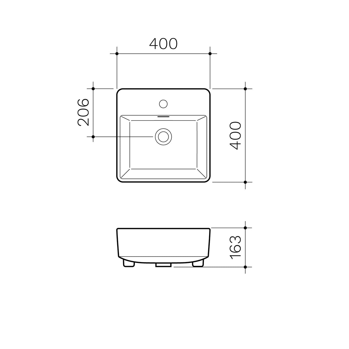 Square Semi Recessed Basin 400mm (1 Tap Hole) specification drawing