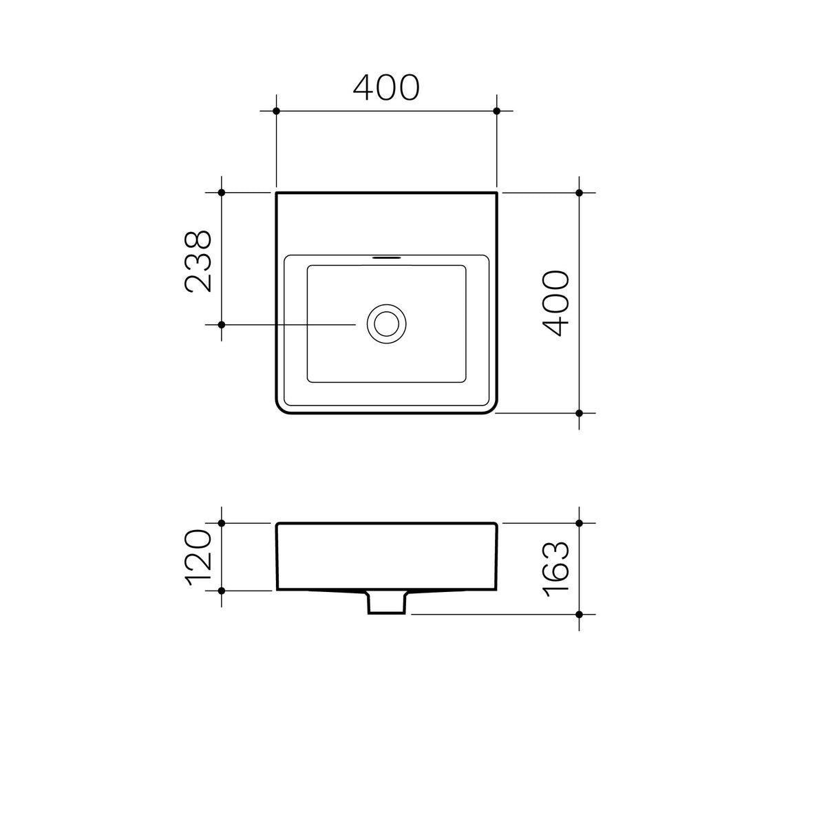 Square Wall Basin 400mm (No Tap Hole) specification drawing