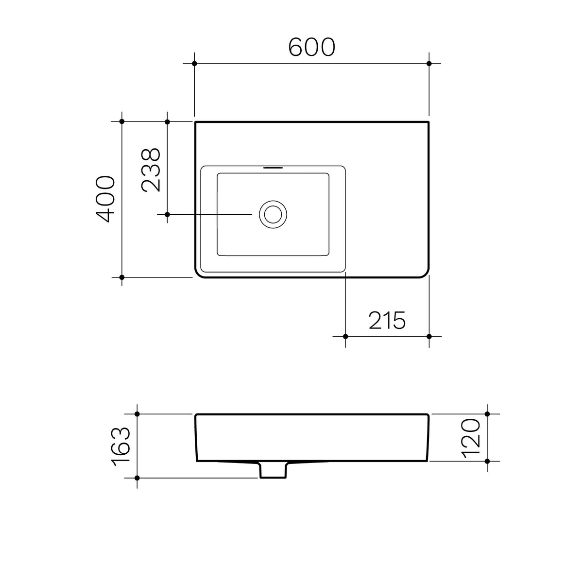 Square Wall Basin Right Hand Shelf 600mm (No Tap Hole) specification drawing