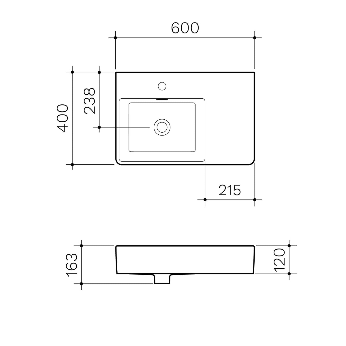 Square Wall Basin Right Hand Shelf 600mm (1 Tap Hole) specification drawing