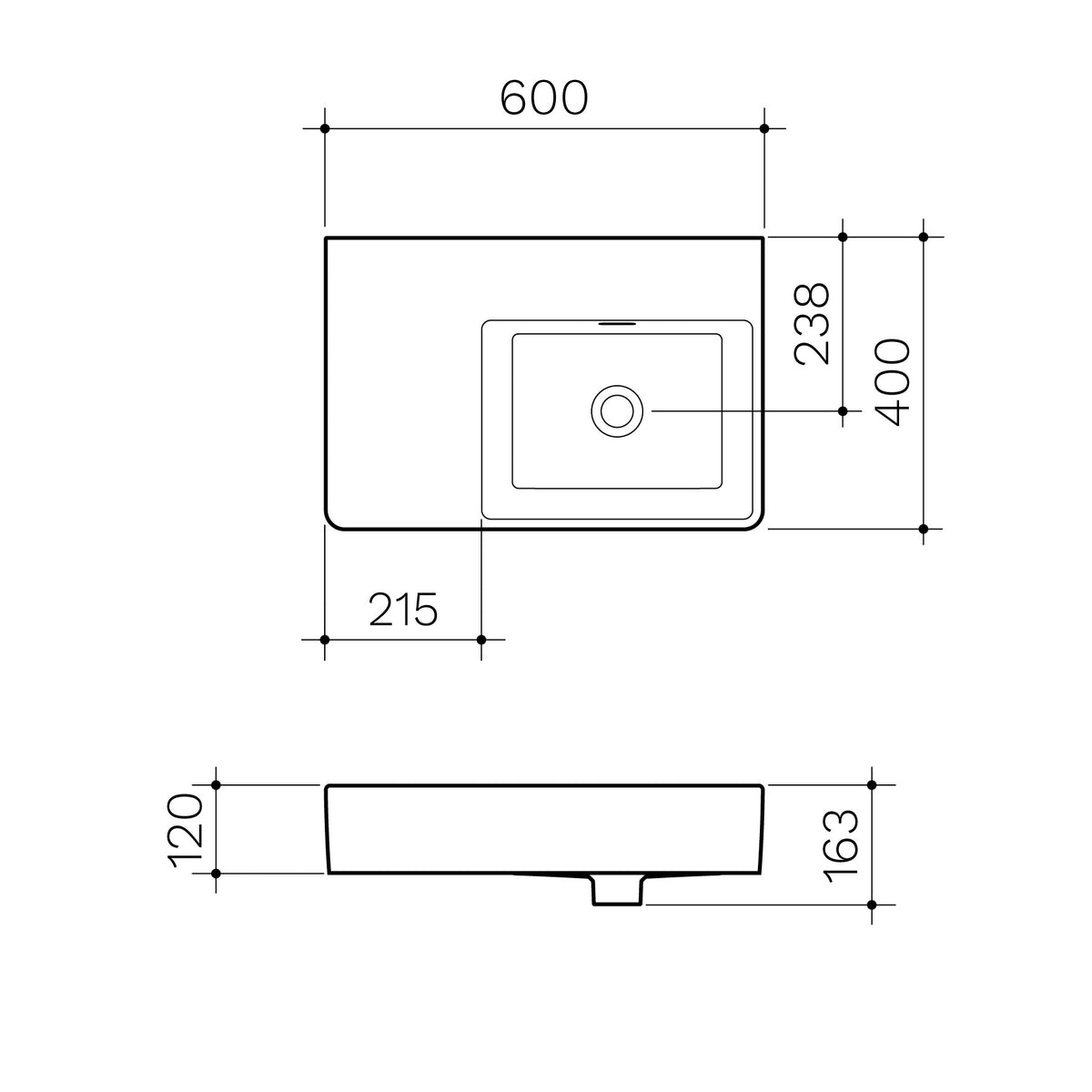 Square Wall Basin Left Hand Shelf 600mm (No Tap Hole) specification drawing