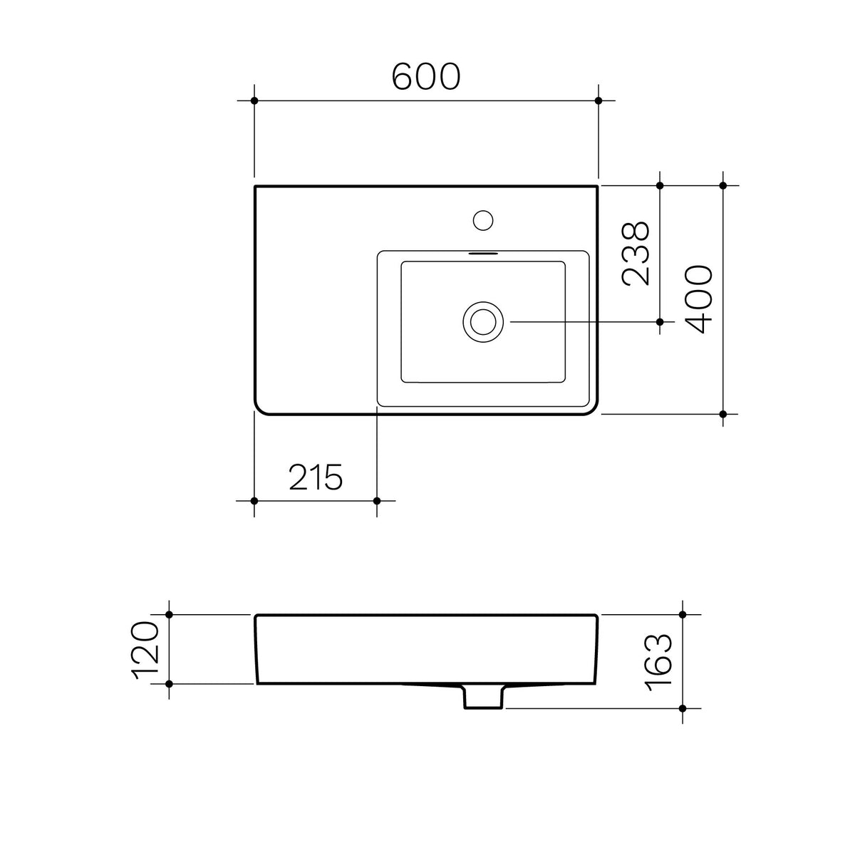 Square Wall Basin Left Hand Shelf 600mm (1 Tap Hole) specification drawing