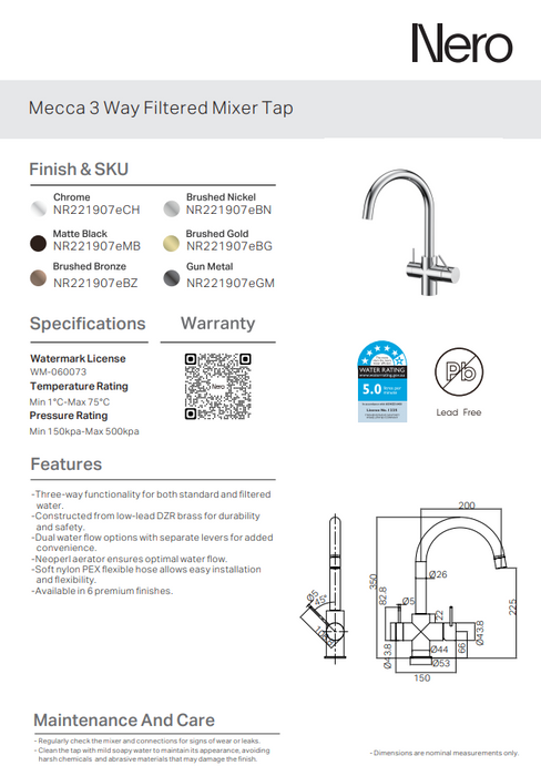 Nero Mecca 3 Way Filtered Mixer Tap Brushed Nickel (NR221907eBN)