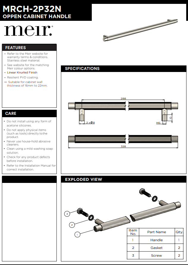 Meir Öppen Round Pull 328mm Cabinet Handle (Linear Knurled) Brushed Nickel