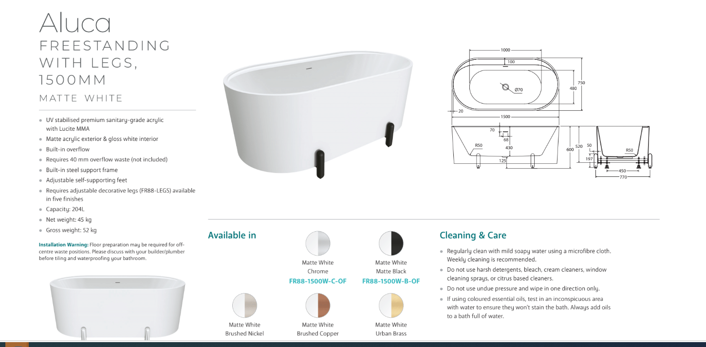 Aluca Freestanding with Legs, 1500mm Matte White