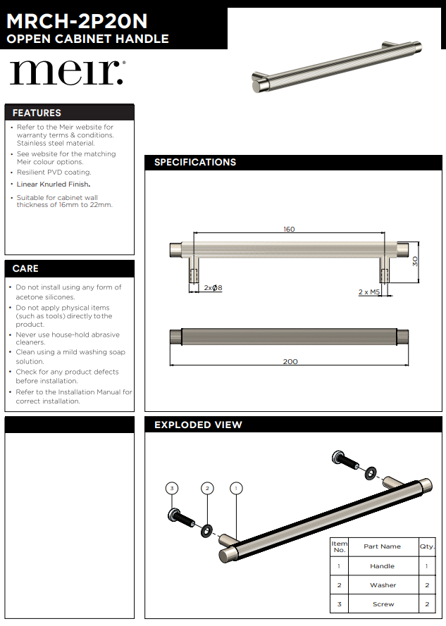 Meir Öppen Round Pull 200mm Cabinet Handle (Linear Knurled) Brushed Nickel