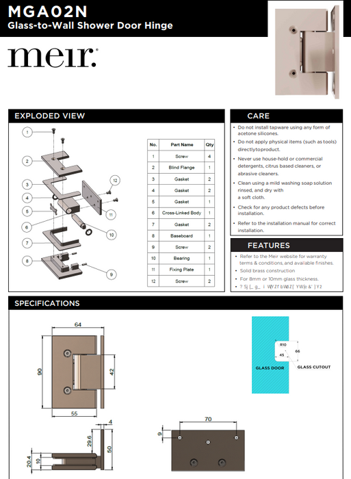 Meir Glass to Wall Shower Door Hinge - Brushed Nickel