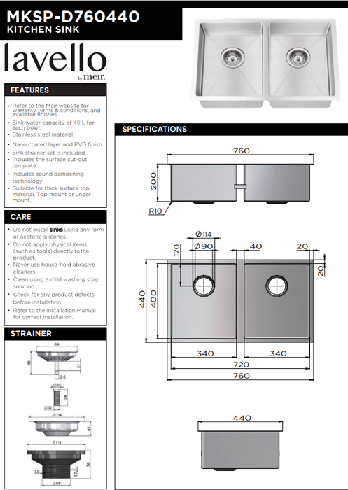 Meir Kitchen Sink - Double Bowl 760 x 440 - Brushed Gun Metal