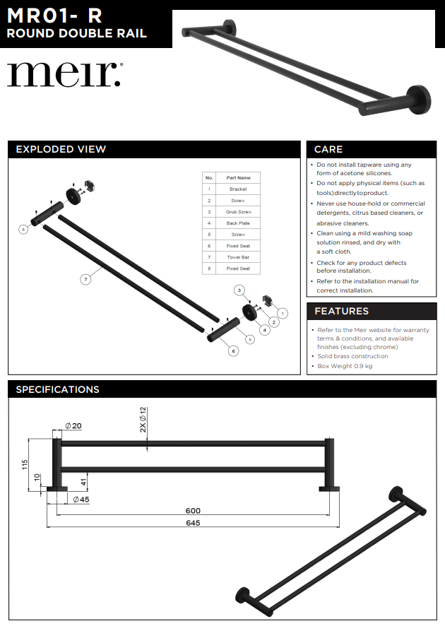 Meir Round Double Towel Rail 600mm - Matte Black