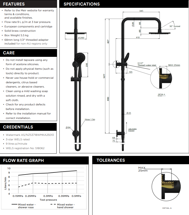 Meir Round Combination Shower Rail 200mm Rose, Three Function Hand Shower Lustre Bronze