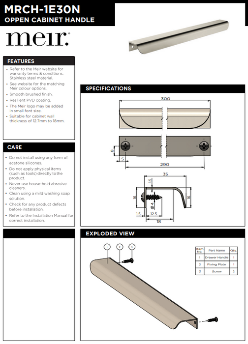 Meir Öppen Edge-Pull 300mm Cabinet Handle (Brushed) Brushed Nickel