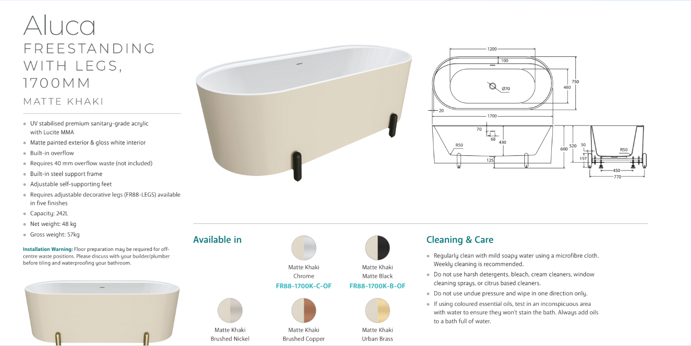Aluca Freestanding with Legs, 1700mm Matte Khaki