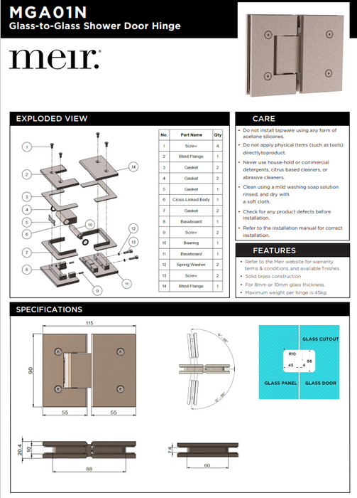 Meir Glass to Glass Shower Door Hinge - Lustre Bronze