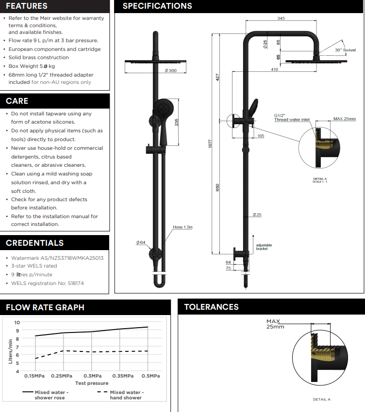 Meir Round Combination Shower Rail 300mm Rose, Three Function Hand Shower Lustre Bronze