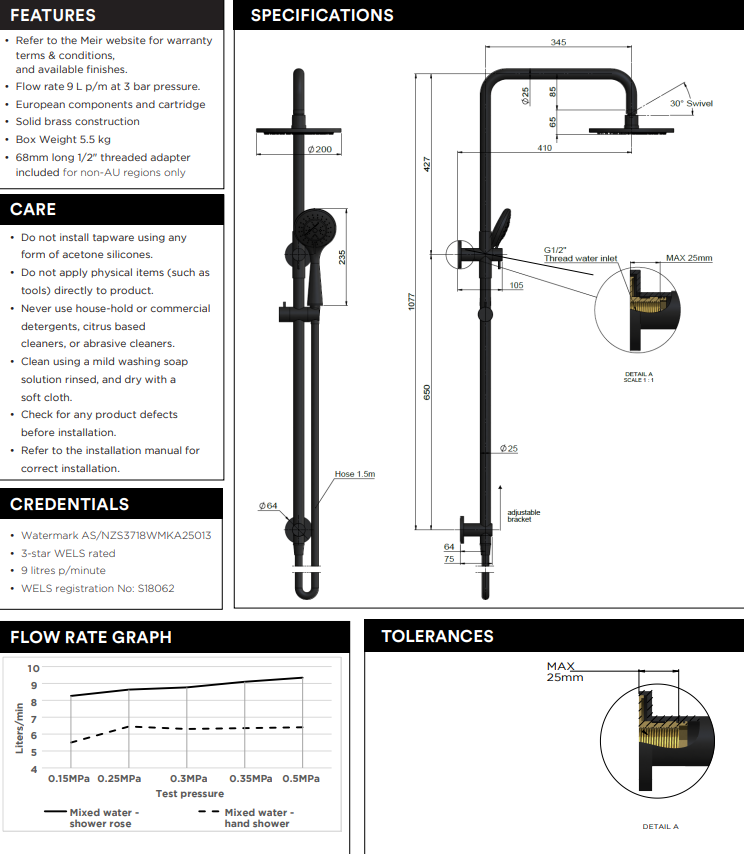 Meir Round Combination Shower Rail, 200mm Rose, Single Function Hand Shower - Brushed Nickel