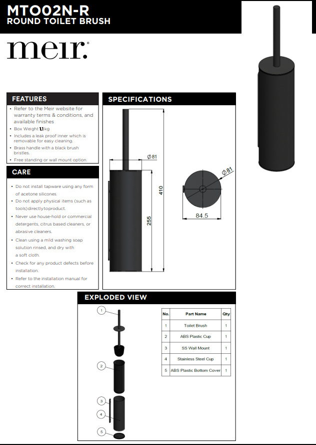 Meir Round Toilet Brush & Holder Matte Black