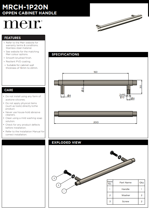 Meir Öppen Round Pull 200mm Cabinet Handle (Brushed) Brushed Nickel
