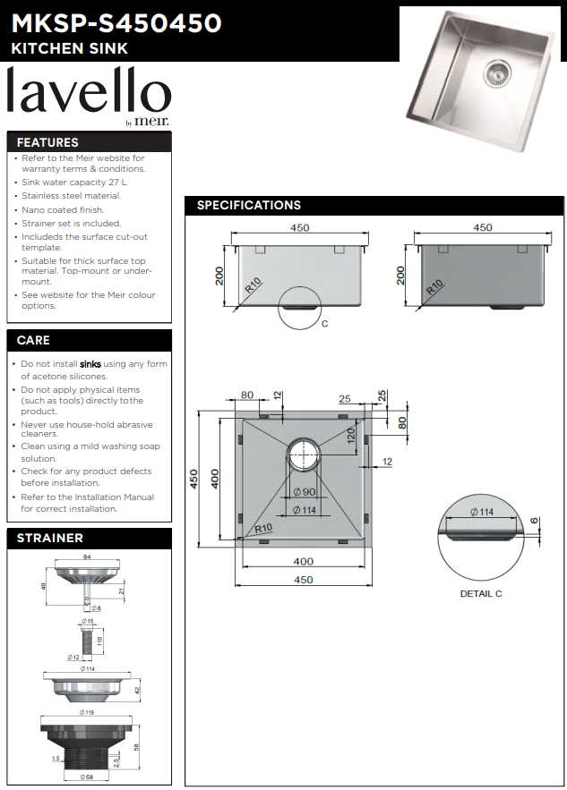 Meir Kitchen Sink - Single Bowl 450 x 450 - PVD Brushed Nickel
