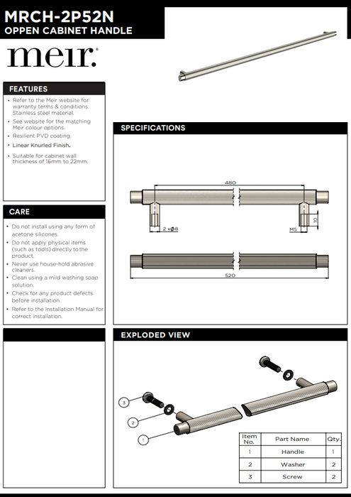 Meir Öppen Round Pull 520mm Cabinet Handle (Linear Knurled) Lustre Bronze