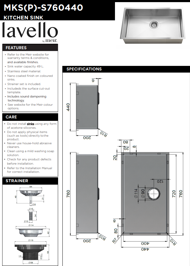Meir Lavello Kitchen Sink - Single Bowl 760 x 440 - Brushed Nickel
