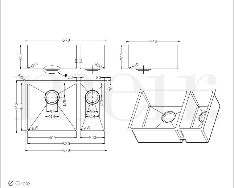 Meir Kitchen Sink - One and Half Bowl 670 x 440 - Brushed Nickel