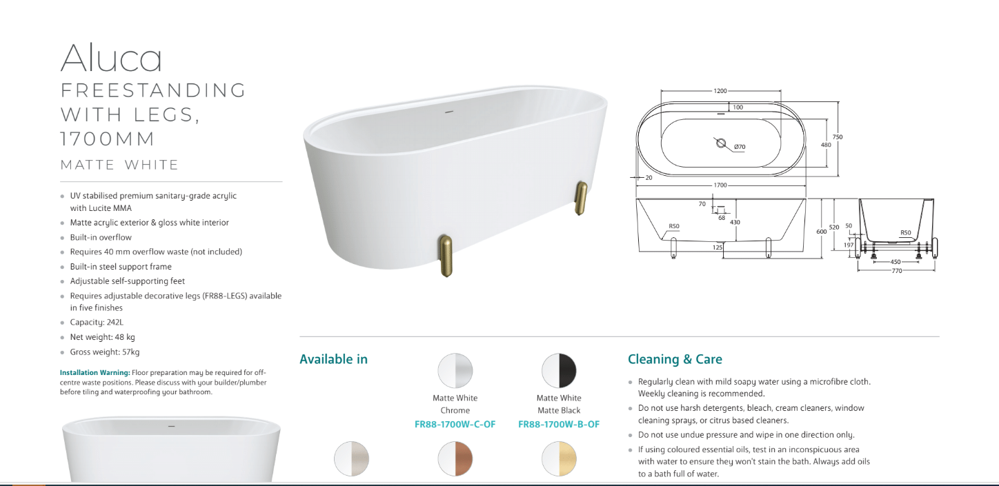 Aluca Freestanding with Legs, 1700mm Matte White